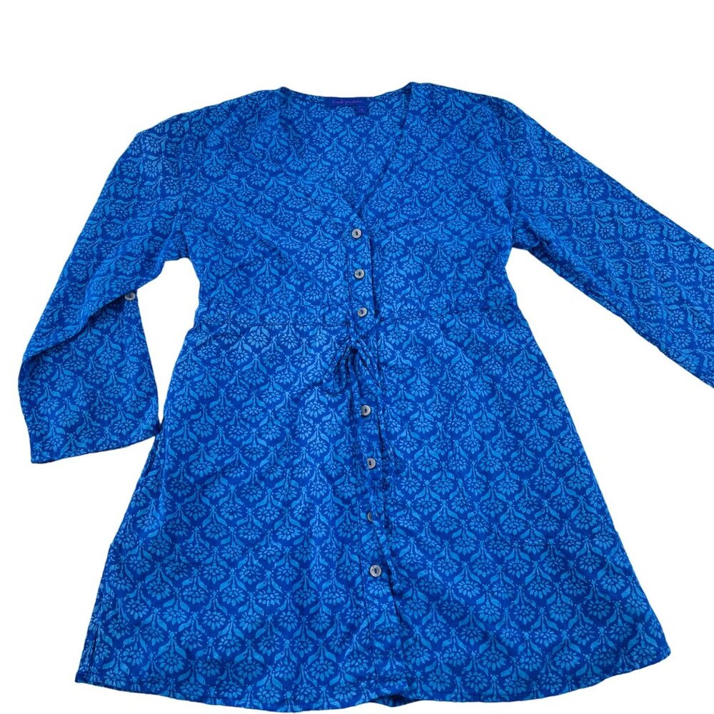 Fresh Produce Women's XS/S Blue Floral Print Button-Down Tunic Blouse 3/4 Sleeve